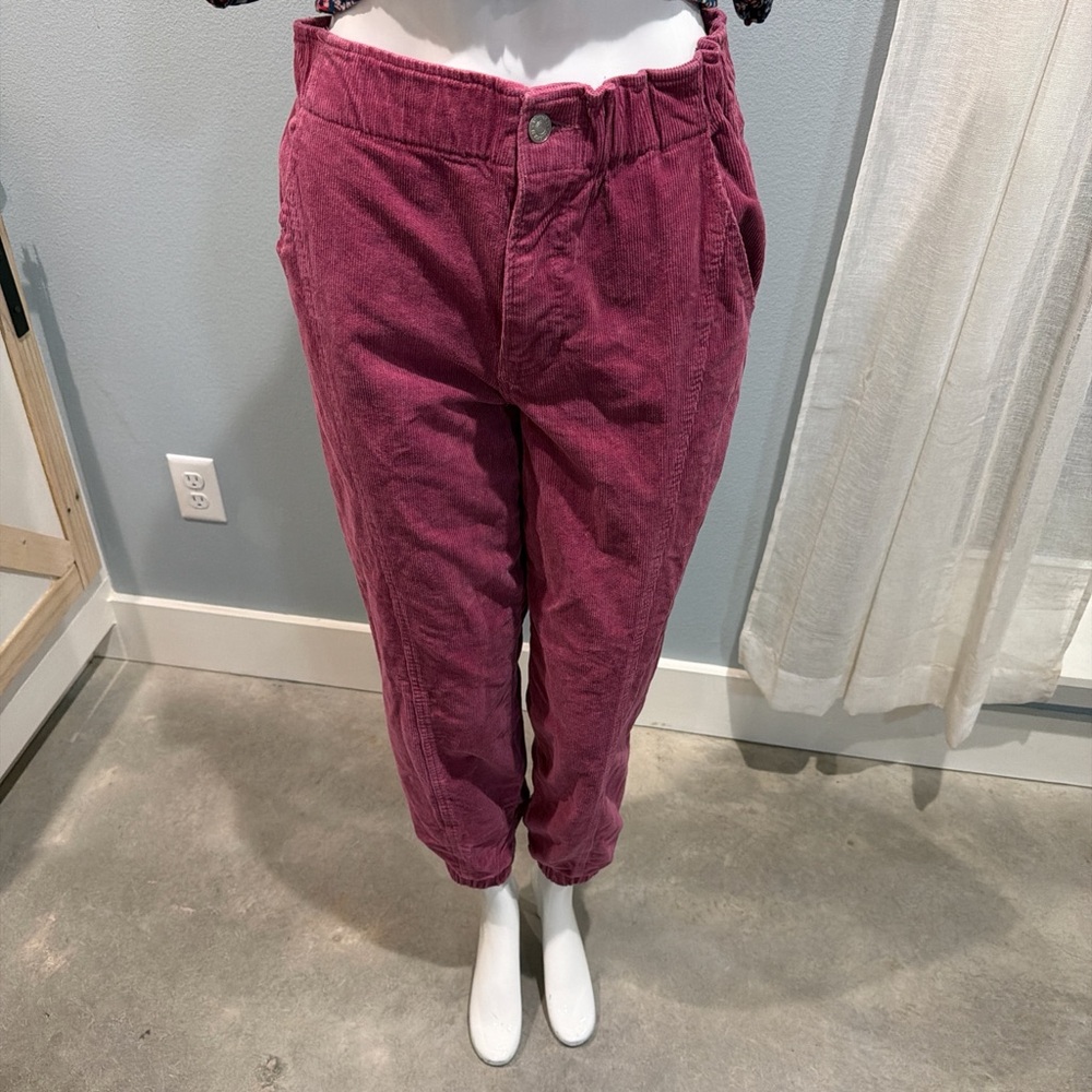 Burgundy Corduroy Cropped/Jogger Elastic Ankle Pants Symmetrical Lines Size M